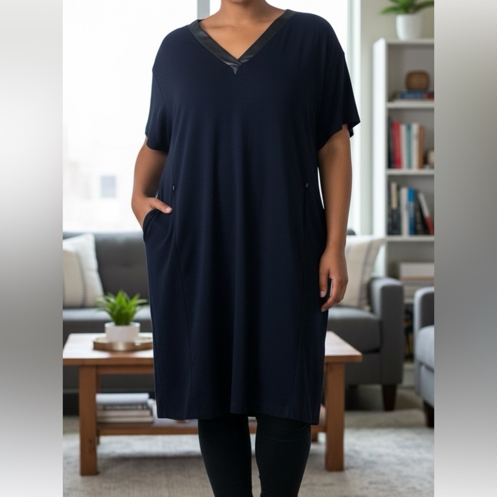 Lane Bryant Plus Size Black Faux Leather Trim V-Neck T-Shirt Dress 22/24